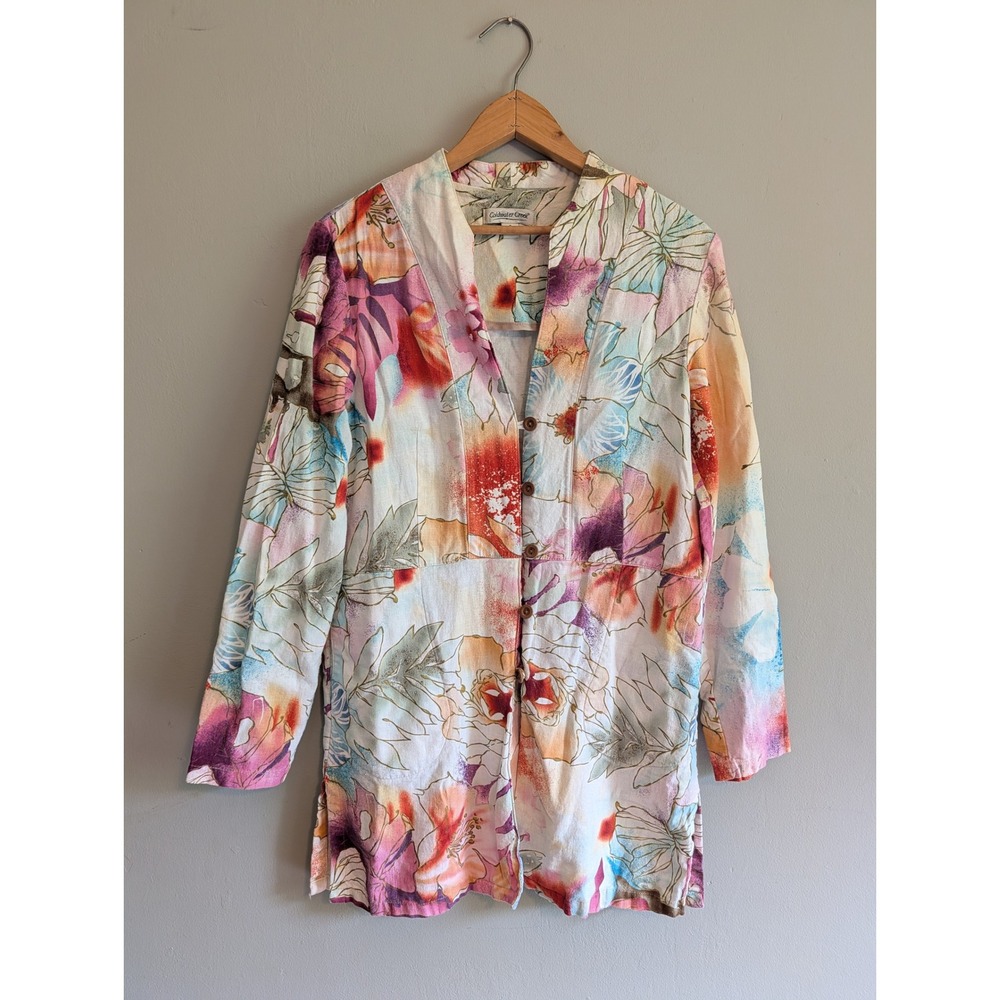 Coldwater Creek Floral Linen Tunic Top Small Watercolor Button Front Blazer